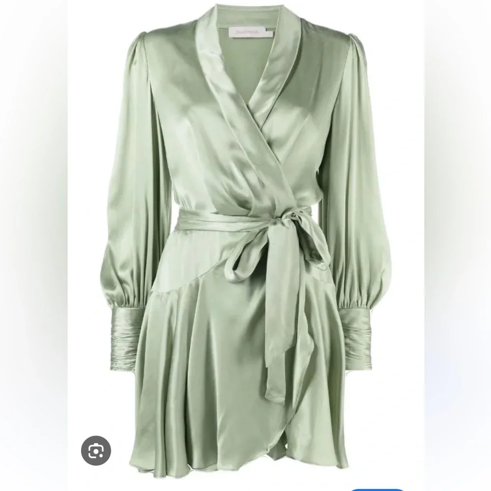 Zimmermann Sage Green Silk Belted Wrap V-Neck Mini dress - Picture 2 of 3
